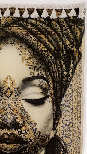 Hand-painted portrait on oriental wool wall tapestry featuring an African-inspired woman with closed eyes, intricate golden patterns, detailed headwrap art, luxury decorative rug artwork, custom painted carpet for unique home decor.