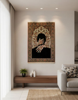 “PARE” – Hand-painted large wool rug with black silhouette and floral Turkish and Persian patterns, blending traditional rug weaving with contemporary art.