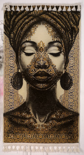 Hand-painted portrait on oriental wool wall tapestry featuring an African-inspired woman with closed eyes, intricate golden patterns, detailed headwrap art, luxury decorative rug artwork, custom painted carpet for unique home decor.
