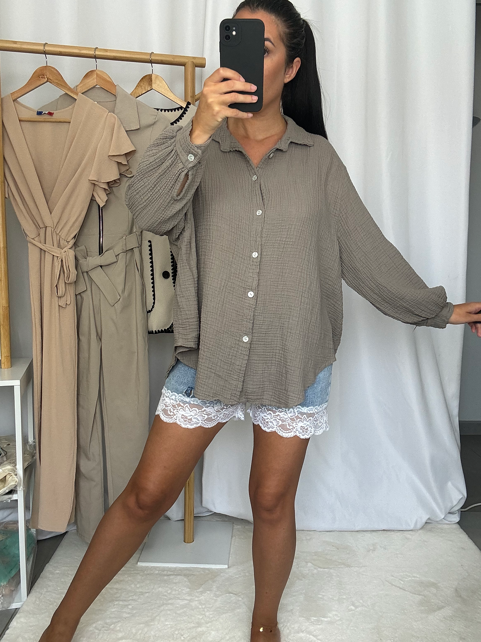 Miniature : Blouse/Chemise En Gaze de Coton Taupe TU
