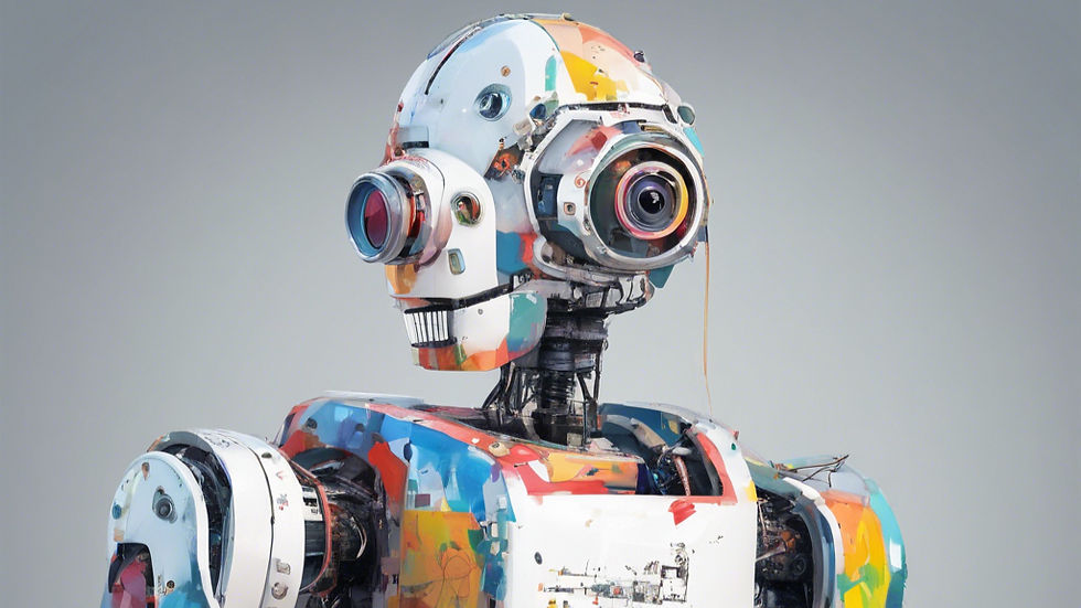 A depiction of a robot painter or artist covered in paint