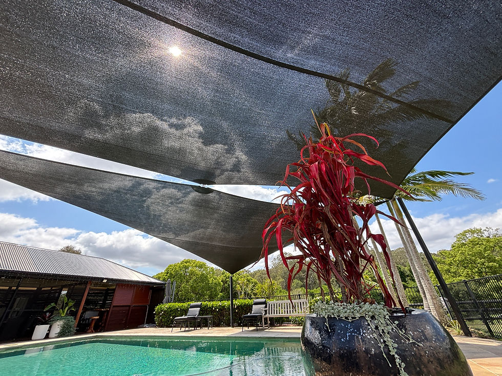 Two Linking Shade Sails Over A Pool