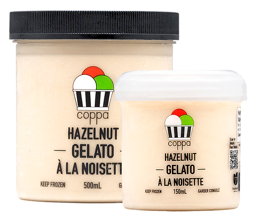 Coppas Hazelnut Gelato 500mL and 150mL.