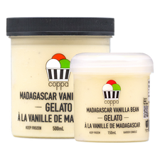 Madagascar Vanilla Bean Gelato pint and 150 mL cup.