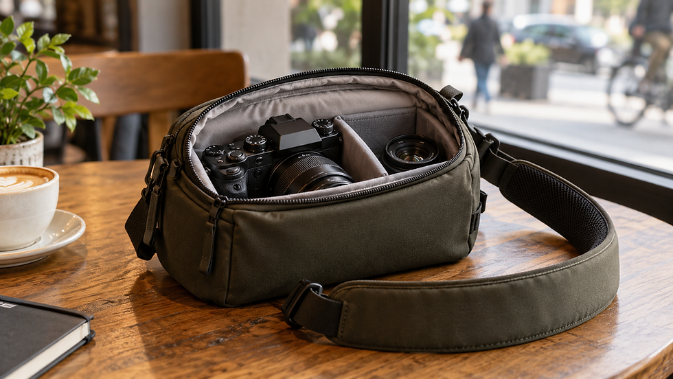 A compact camera sling with a camera and small lens inside