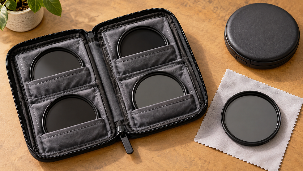 Round lens filters separated in a padded travel wallet