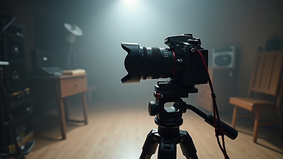 Eye-level view of a professional camera setup on a tripod in a studio