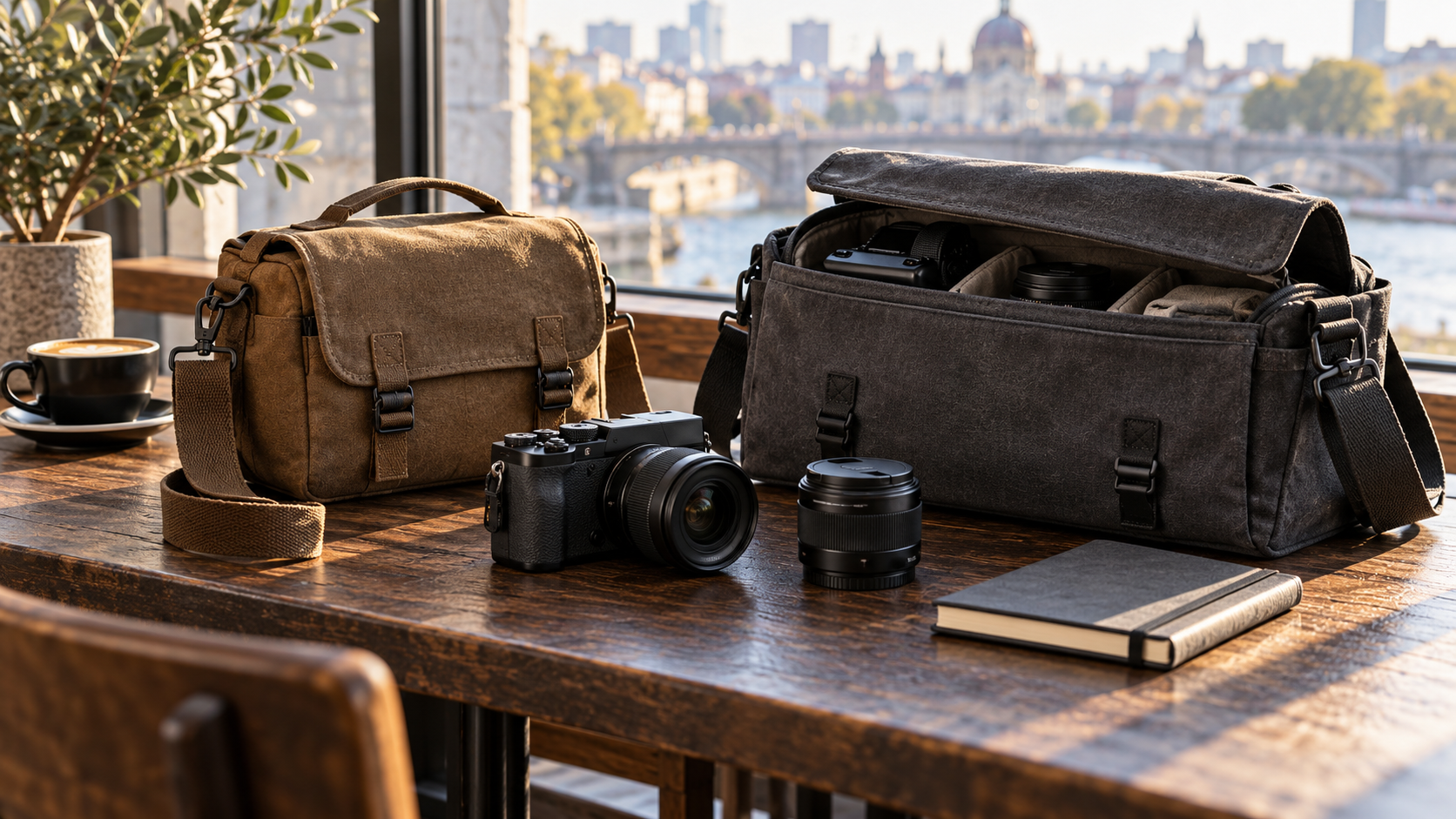AI-generated illustration of two generic canvas camera shoulder bags with a camera and notebook; not exact Think Tank products.