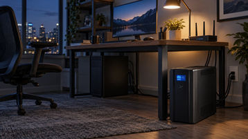 UPS battery backup protecting a home office computer and Wi-Fi router during a power outage