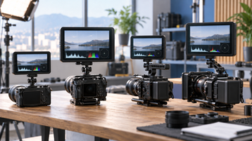 Generic on-camera field monitors mounted on mirrorless and cinema camera rigs