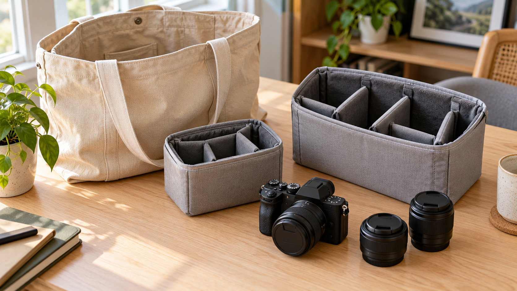 AI-generated illustration of generic padded camera inserts beside an everyday tote and camera; not exact Tenba products.