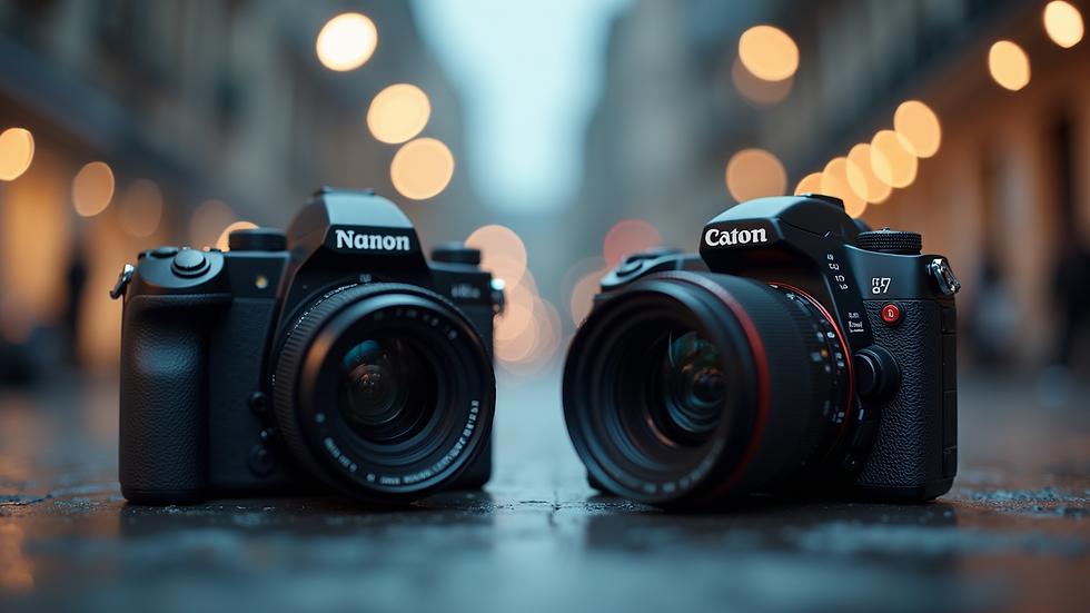 High angle view of DSLR and mirrorless cameras side by side