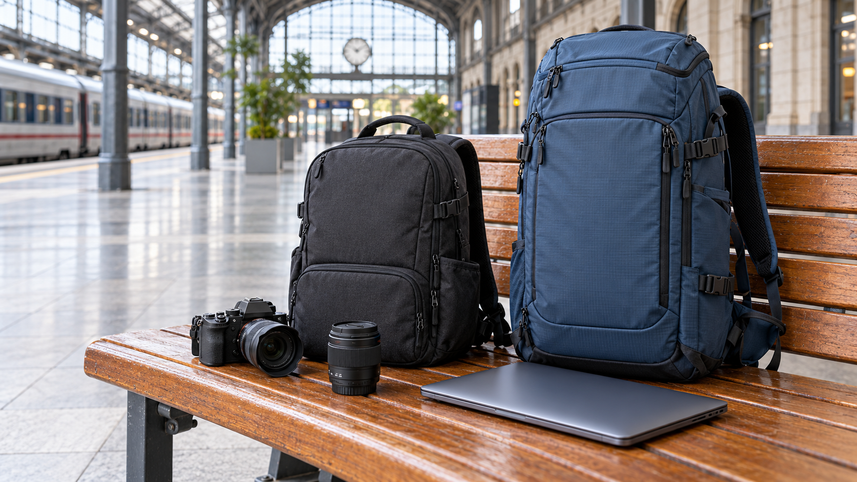 AI-generated illustration of generic compact and travel camera backpacks at a railway station; not exact Lowepro products.