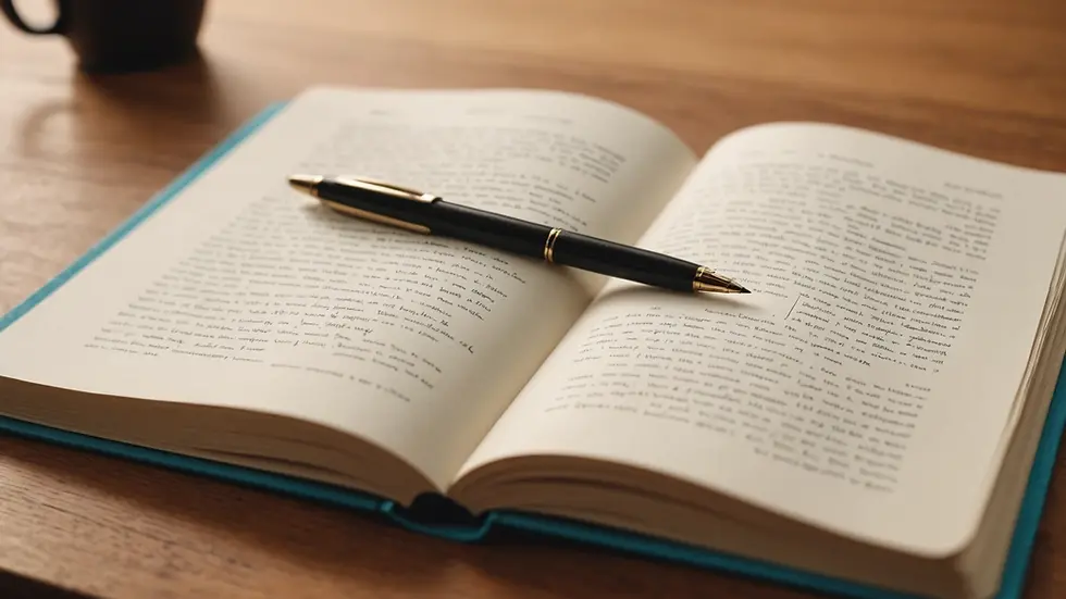 Eye-level view of an open journal with a pen resting on blank pages