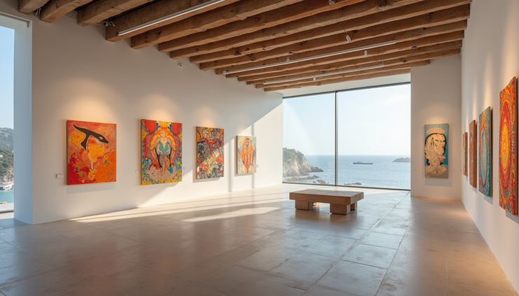 High angle view of colorful art pieces displayed inside a coastal museum