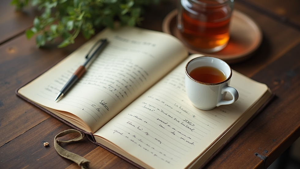 High angle view of a journal, pen, and a cup of herbal tea on a cozy table