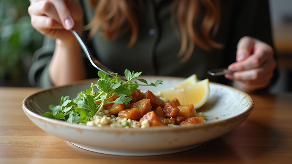 Eye-level view of a plate with a balanced meal being eaten slowly