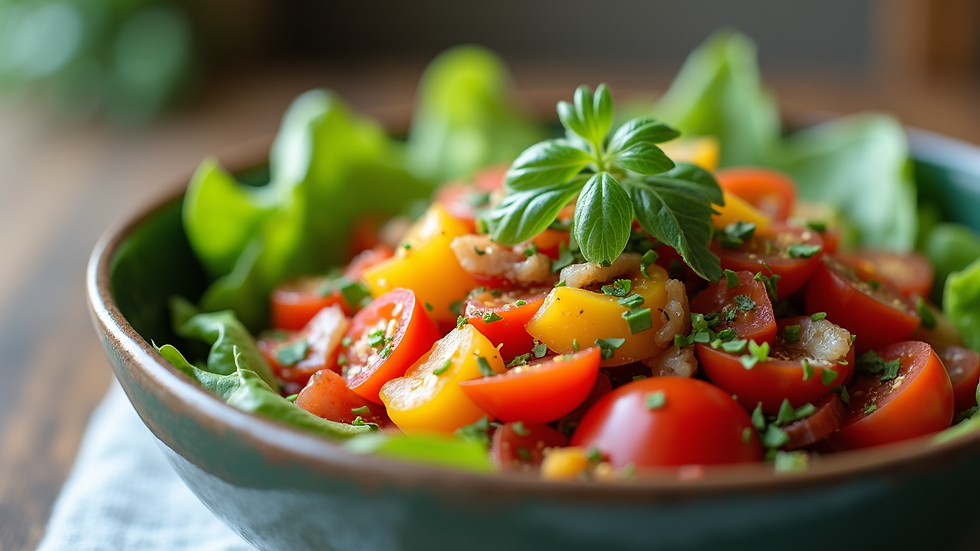 Eye-level view of a colorful vegetable salad bowl