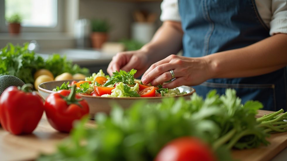 Close-up of a person preparing a colorful salad with fresh vegetables