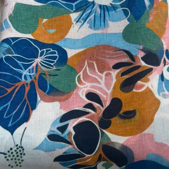 Floral Symphony Silk-Viscose Blend: Blue & Orange