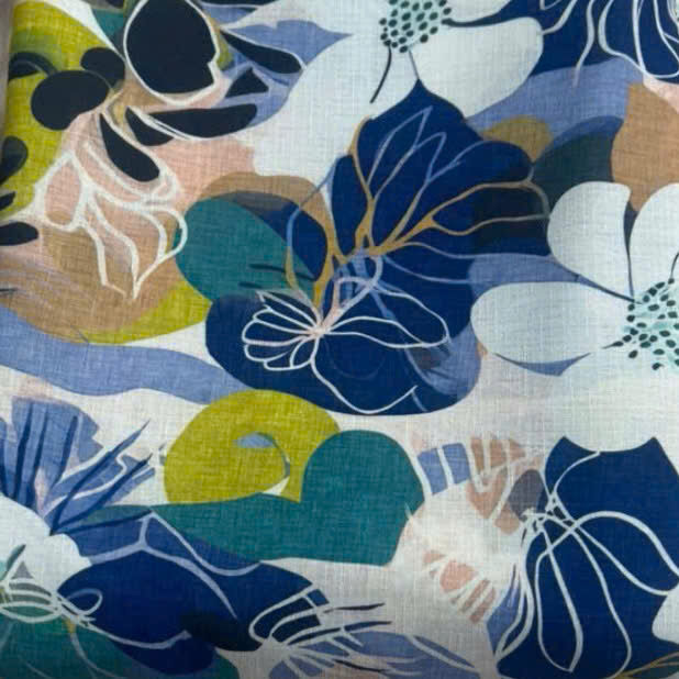 Floral Symphony Silk-Viscose Blend: Blue & Green