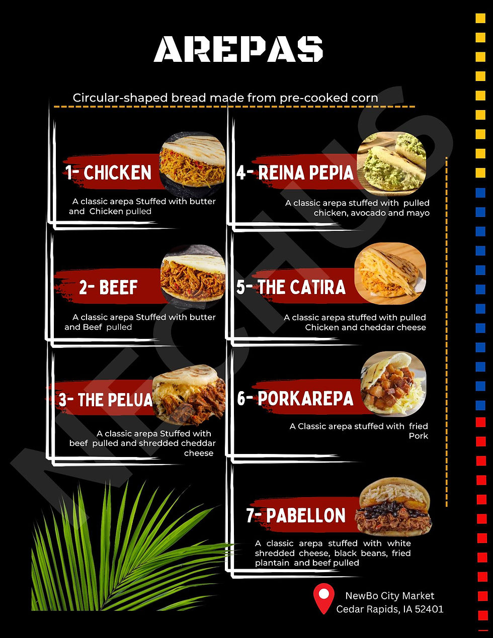 Nechus offers a variety of traditional South American dishes, including several styles of authentic arepas.