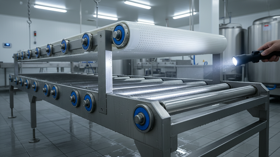 Eye-level view of a disassembled stainless steel conveyor section ready for sanitation inspection