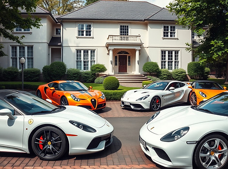 4 expensive cars parked outside a house with  green park.jpg