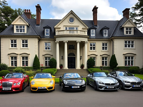 6 luxury cars (2 collection cars 2 convertibles and 2 SUV) lined up stewardship parked in