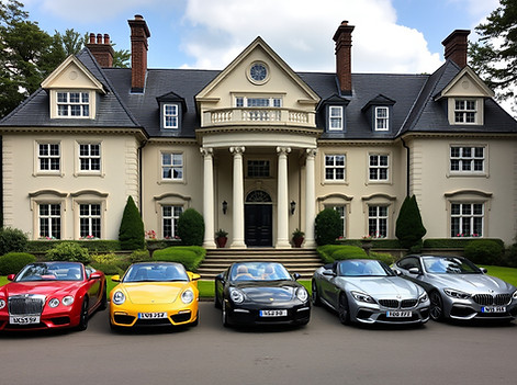 6 luxury cars (2 collection cars 2 convertibles and 2 SUV)  lined up stewardship parked in