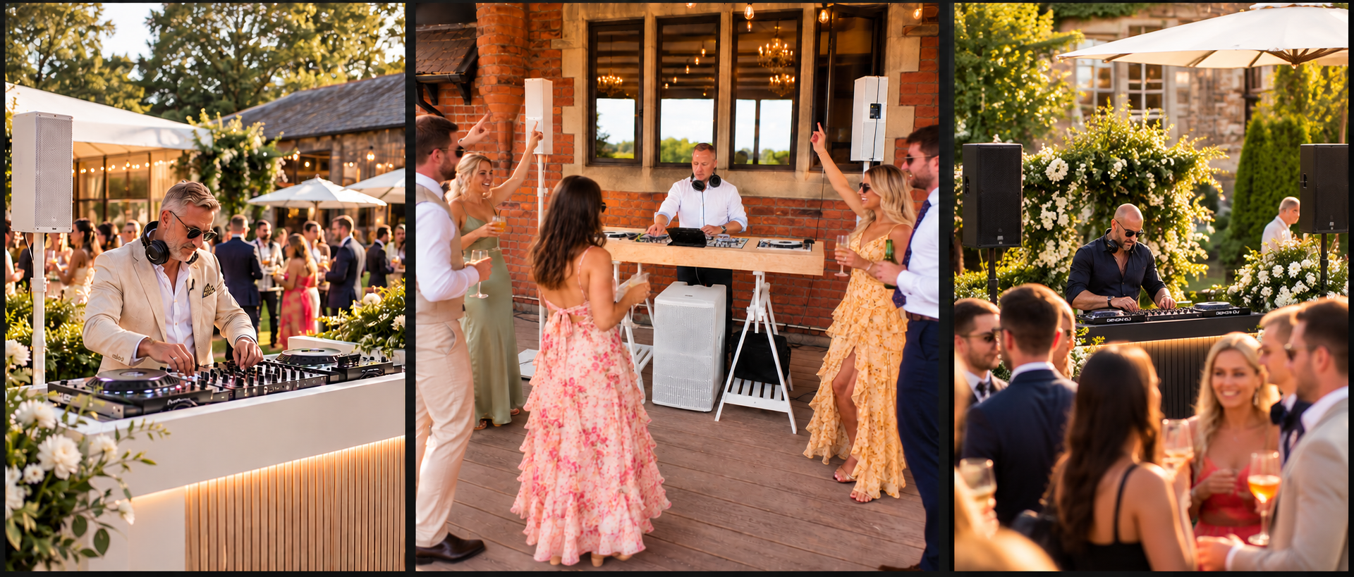 Three Cocktail Hour DJ wedding reception scenes with live DJ performances and guests celebrating
