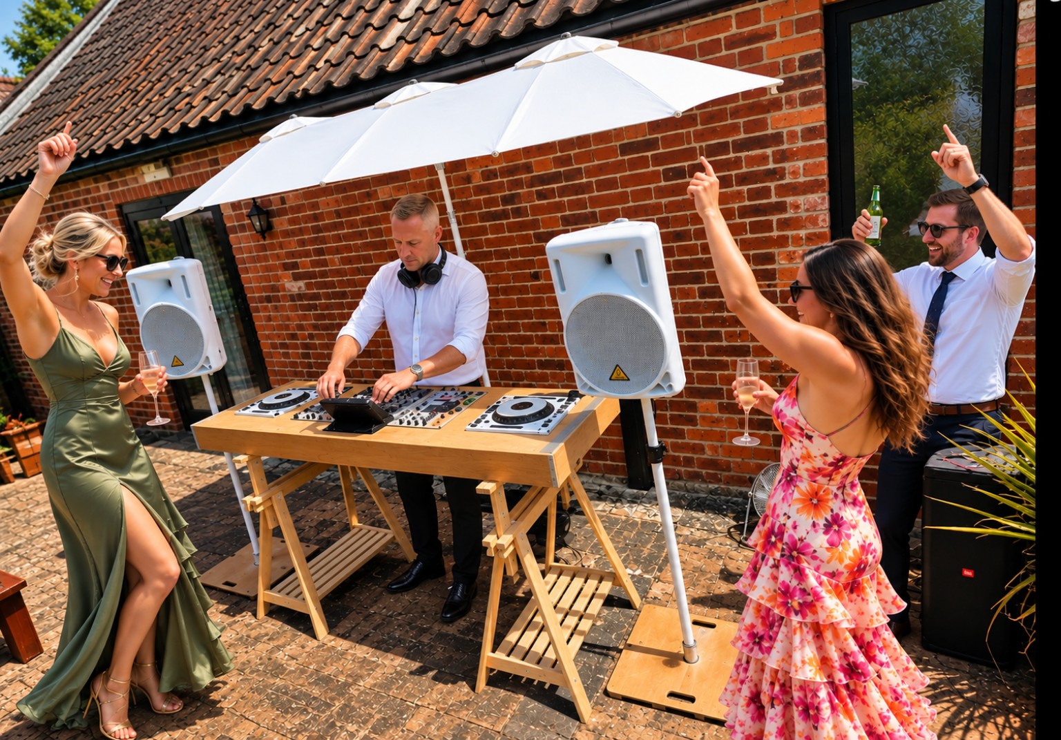DJ Prestige performing under a parasol with wedding guests dancing