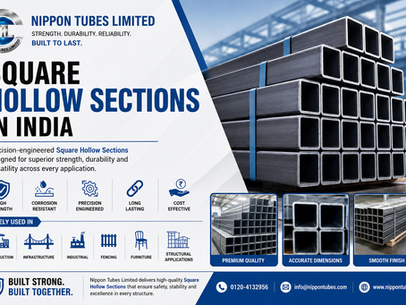 igh-strength square hollow sections by Nippon Tubes Limited stacked in an industrial warehouse for construction, infrastructure, and fabrication applications in India.