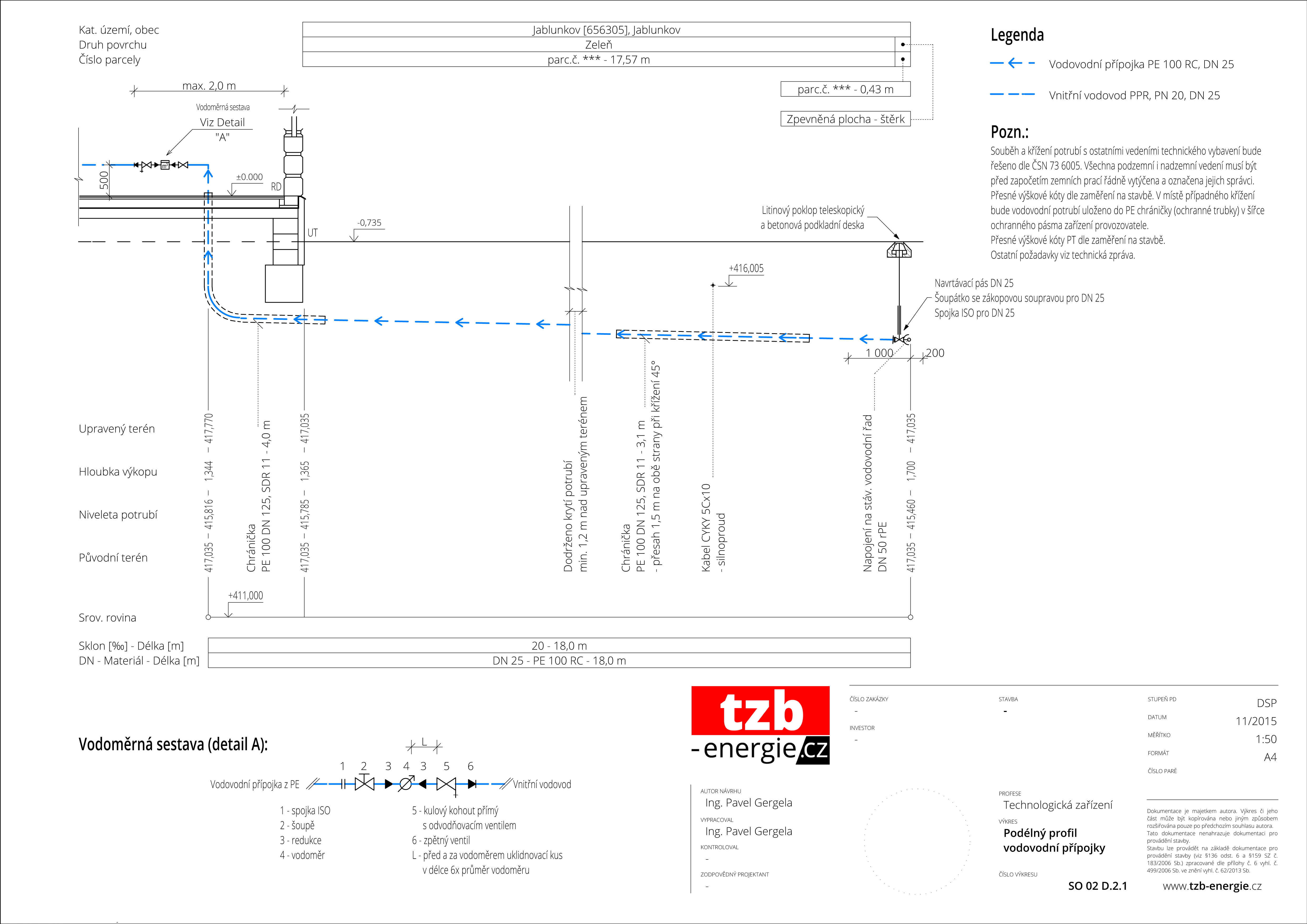 1A. Podélný profil vodovodní přípojky bez šachty