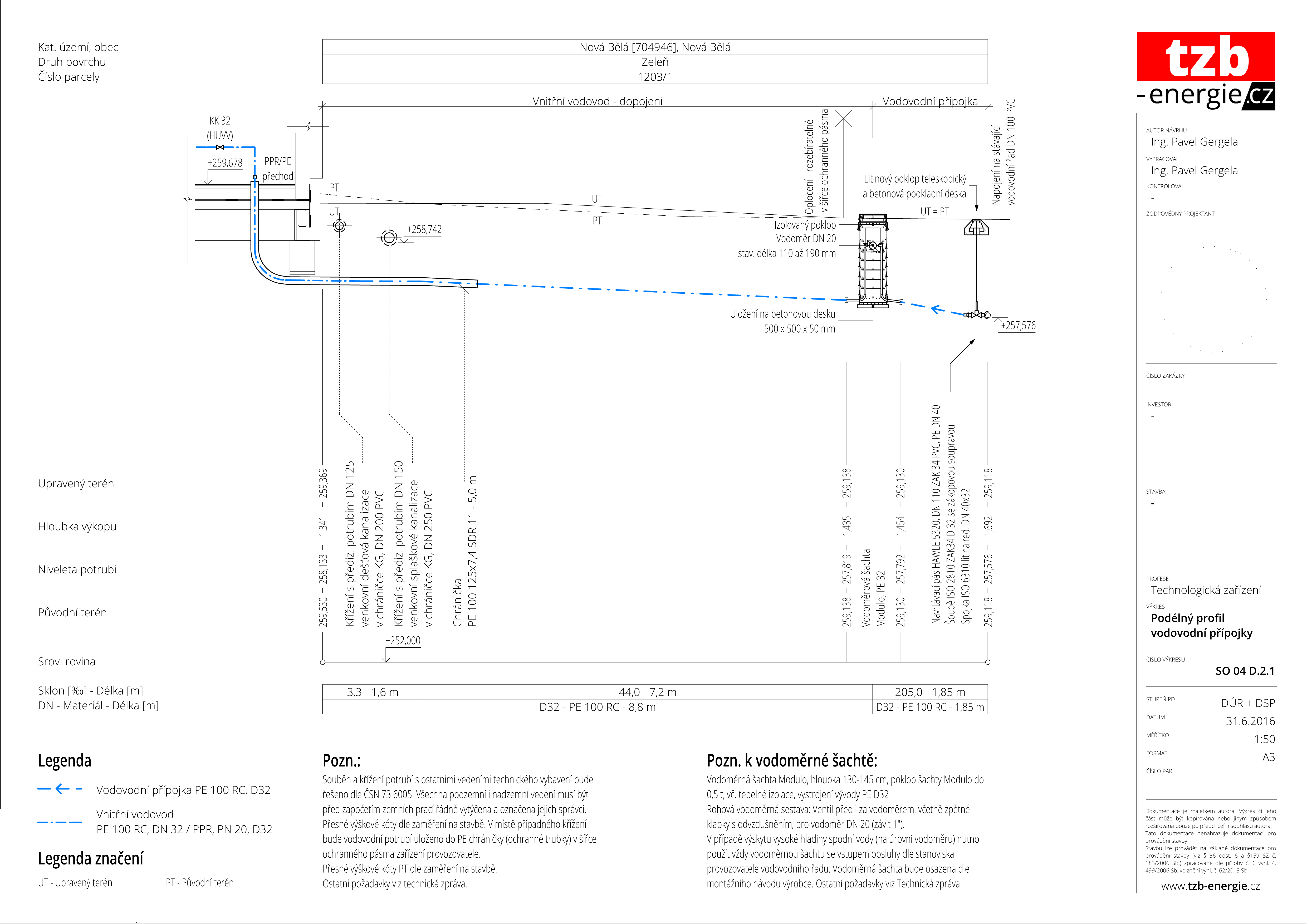 1B. Podélný profil vodovodní přípojky s šachtou