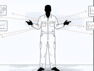 Illustration of a manufacturing leader standing between the shop floor and executive office, connecting production data, operations, and business strategy across teams and systems.