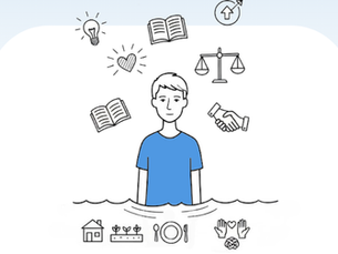 Illustration of a person standing waist-deep in water, surrounded by symbols representing values, learning, ethics, relationships, and daily life — visually reinforcing the idea of culture as the shared environment people live and operate within.