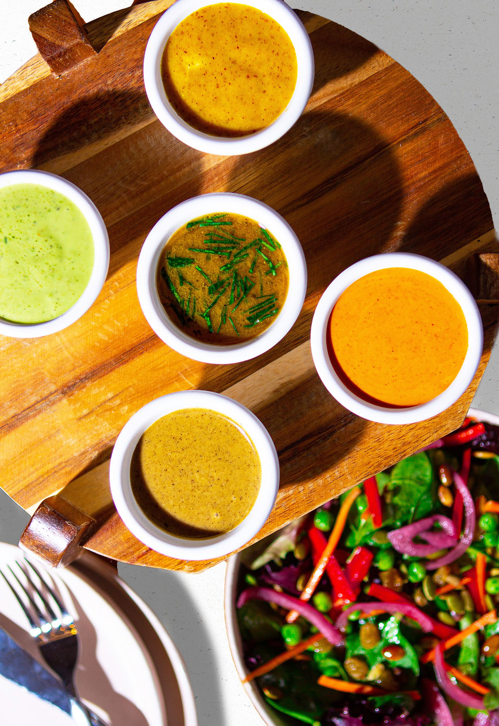 Colorful dressings in rectangular shape.