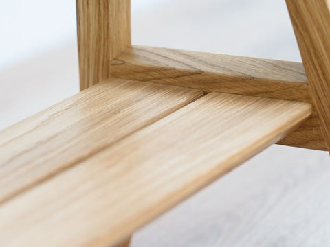 bespoke handcrafted oak family dining bench shelf details