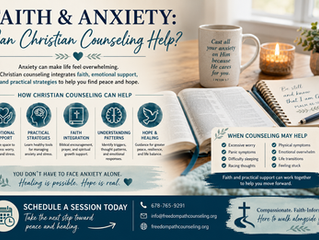 Faith & Anxiety Christian counseling poster with Bible, mug, notebook, candle, and plant on a table; soothing teal design.