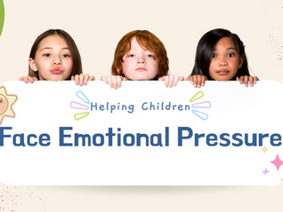 Three children behind a large sign reading "Helping Children Face Emotional Pressure" with playful designs and a cartoon sun.