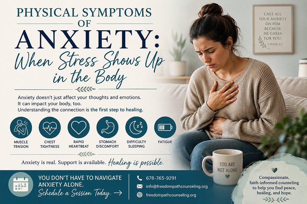 Woman clutching chest on couch beside anxiety counseling poster and mug; text says Physical Symptoms of Anxiety.