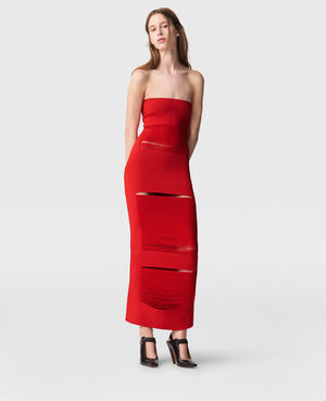 This is a red, shredded, tight-fit dress for women.