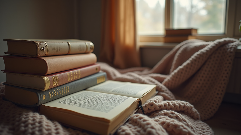 Eye-level view of a cozy reading nook with a stack of books and a warm blanket
