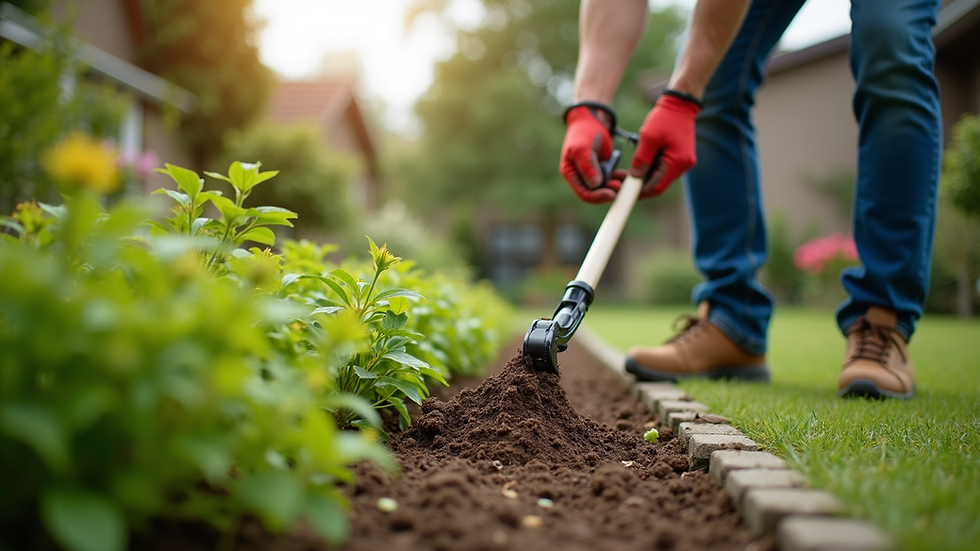 Eye-level view of a professional landscaper working on a garden