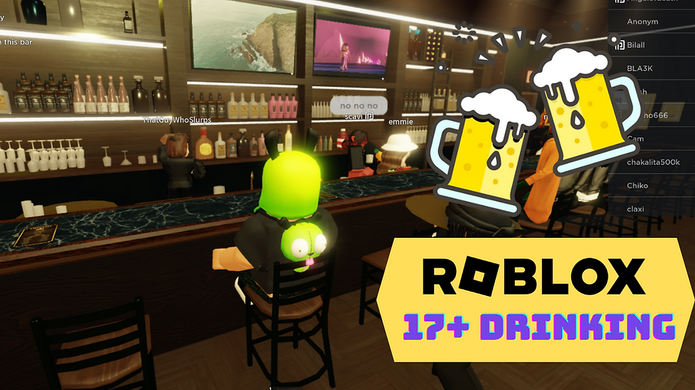 Avatar sits at a bar in Roblox game On Tap