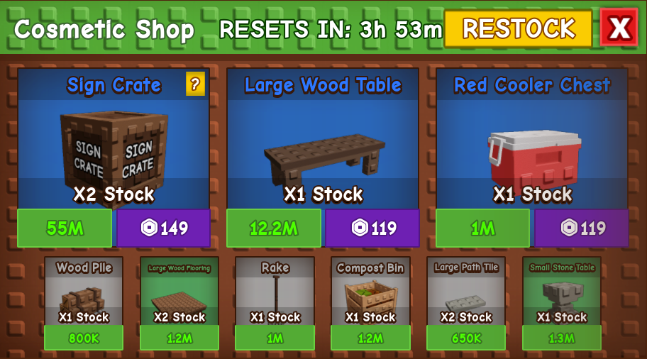 Cosmetic shop in Grow a Garden on Roblox, featuring crates, tables, tools