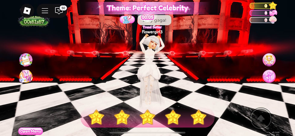Lady Gaga themed runway in Dress to Impress with player showing off Gaga inspired outfit