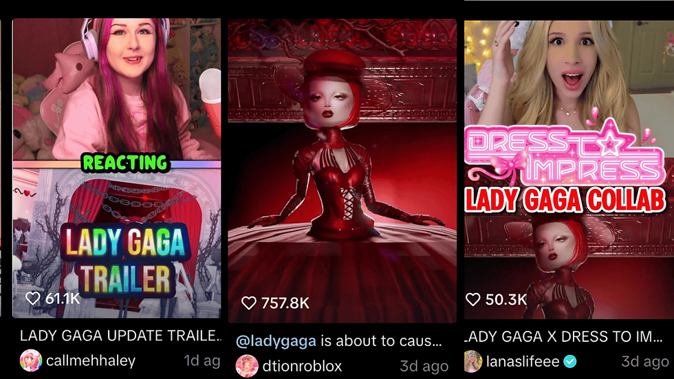 Roblox influencer TikTok videos about Dress to Impress and Lady Gaga