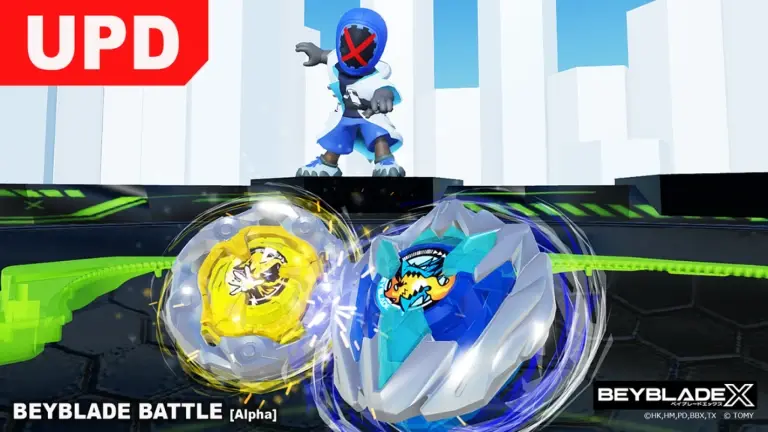Beyblade toys and avatar from Roblox thumbnail.